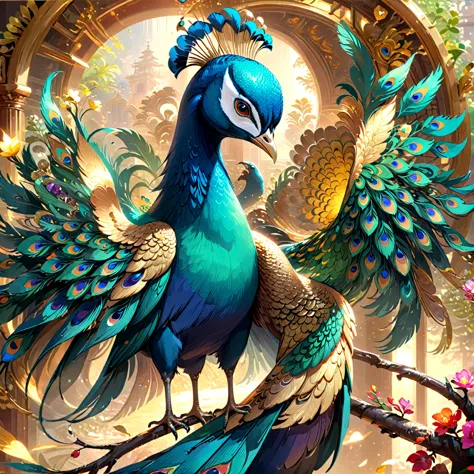 complete peacock，complex，gorgeous, color theme, (best quality, masterpiece, representative work, official art, professional, 8k)