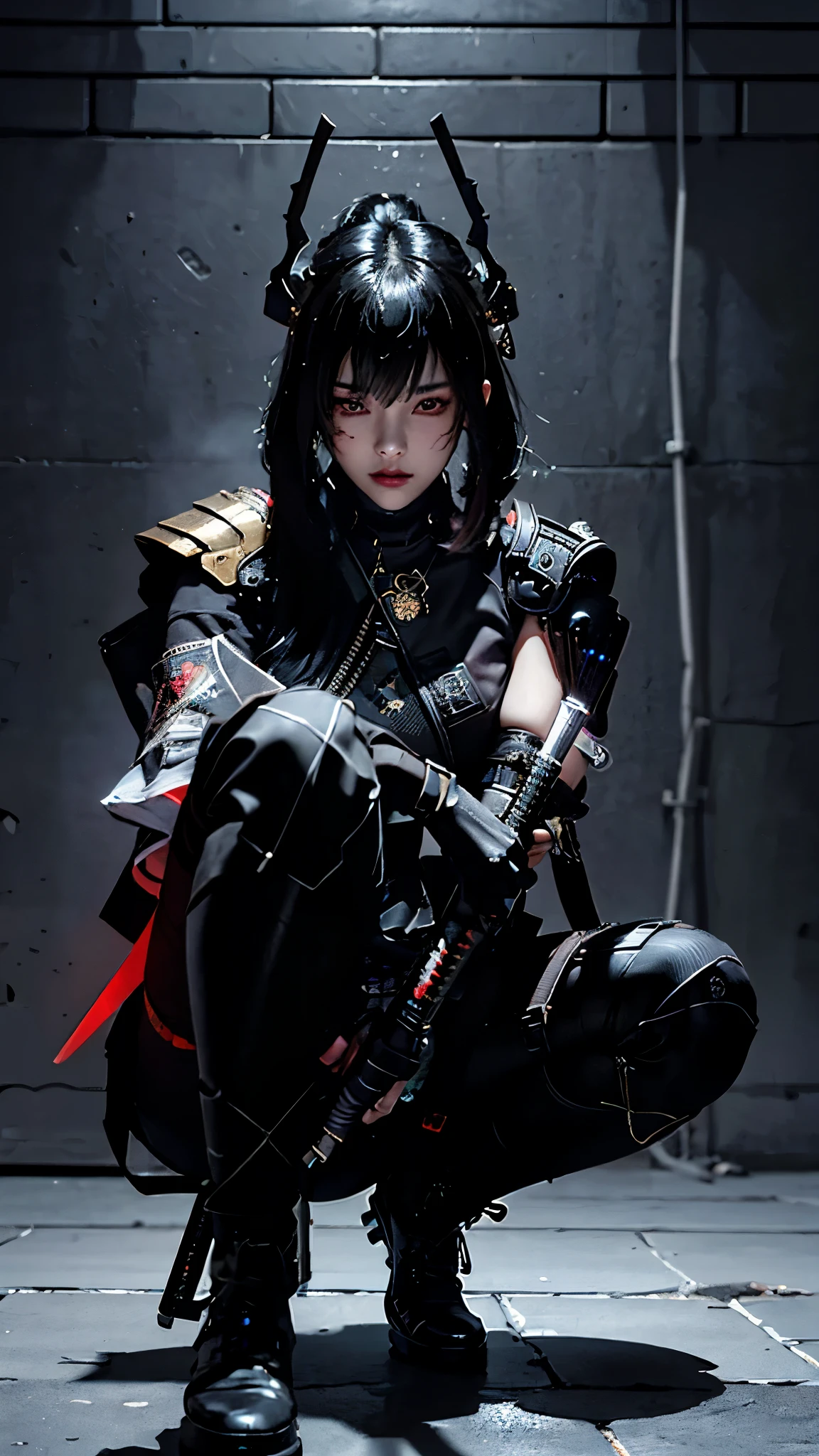 Surreal version of a woman kneeling down on one knee with sword in hand, very beautiful cyberpunk samurai,Sitting on one knee,Futuritic background,  cyberpunk anime art, cyberpunk samurai, cyberpunk city anime art, cyberpunk anime, cgsociety 9, digital cyberpunk anime art, style of maciej kuciara .1girl, samurai armor, devil mask helmet, intricate, detailed ornaments, cold colors, metallic, Egyptian details, details very complex, realistic lighting, trending on social cgs, glowing eyes, facing camera, Brick wall,neon details, surreal details, full body portrait, Japanese atmosphere, lighting global, shadow, octane rendering, 8k, super sharp lolita.((Best quality)), ((masterpiece)), (details:1.4), 3D, image of a female cyberpunk beautiful,HDR (High Dynamic Range),Beam Range,NVIDIA RTX,Ultra High Resolution,Unreal 5,Subsurface Scattering,PBR Textures,Post-processing,Anisotropic Filtering,Depth of Field, Maximum clarity and sharpness, Multi-layer textures, Albedo and Reflection maps, Surface shadows, Accurate simulation of light-material interaction, Perfect scaling, Octane rendering, Two-tone lighting Color, Wide Aperture, Low ISO, White Balance, Rule of Thirds, 8K RAW,