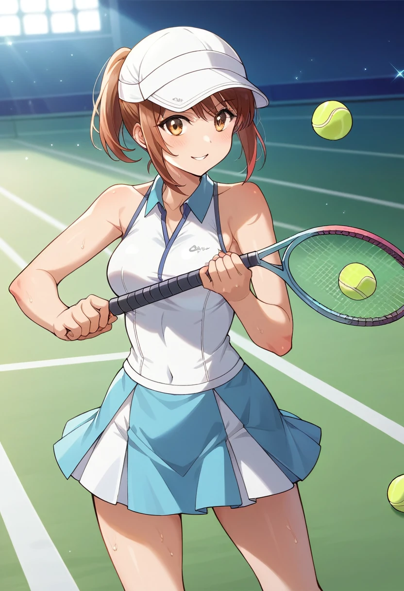 Hoshizora rin, bangs, beautiful, beautiful woman, perfect body, perfect breasts, wearing a tennis outfit, wearing a tennis hat, being on the tennis court, holding a tennis racket, looking at the audience, a slight smile, masterpiece, textured leather, super detailed, high detail, high quality, best quality