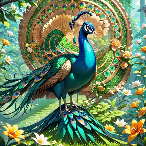 Peacock，flower，green，complex，Gorgeous, Color theme, (best quality, masterpiece, representative work, Official Art, professional,...