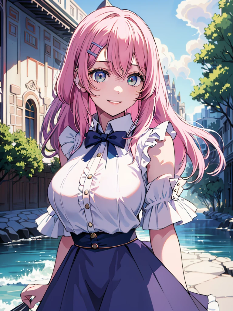 best image quality, (masterpiece:1.2), ultra detailed, exquisite, cowboy shot, high quality, Beautiful art, One Girl, looking at viewers, (leaning forward:1.5), arms behind back,  ((1, Big Breasts, Giant bust:1.2)), fair skin, beautiful skin, Detailed teeth, Light green eye rest, Meticulous Eyelash Details, twinkle(in the eyes), Pastel pink French Braid, thin, smile, Heartily laugh, Fashionable clothes、(white ruffled blouse:1.1)、White collared goss shirt, (dark blue high-waist skirt:1.5), (Short sleeve shirt:1.1), from above, 