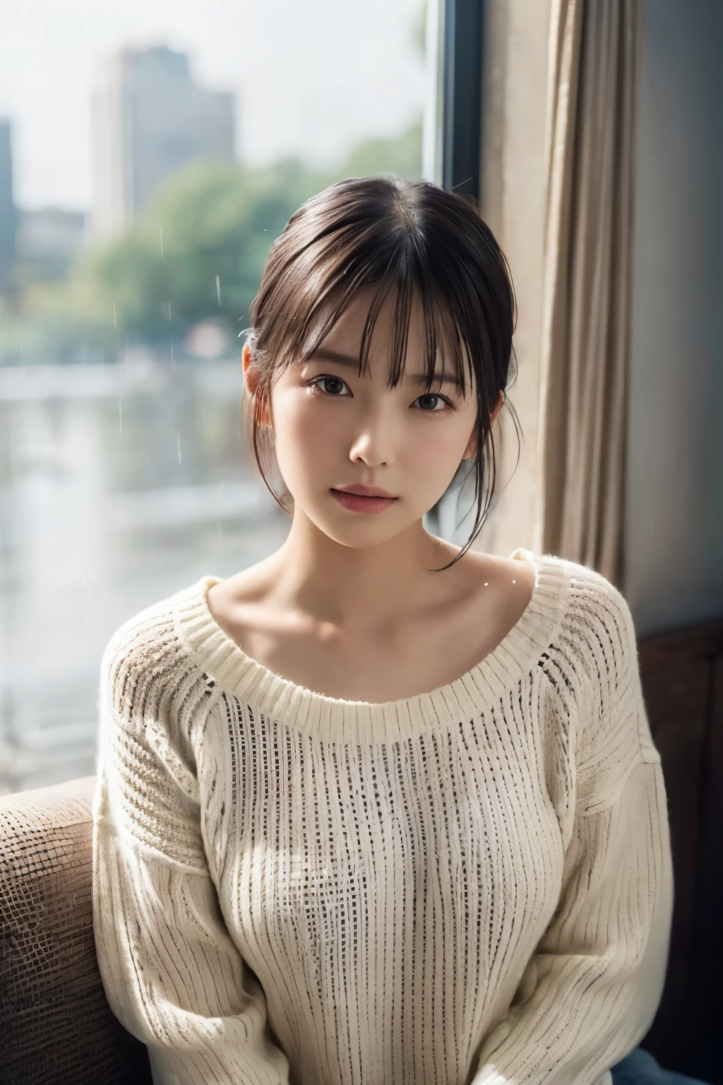 1 Girl, (Wearing a white summer sweater:1.2), Very beautiful Japanese idol portraits, 
(RAW Photos, Highest quality), (Realistic, Realistic:1.4), (masterpiece), 
Very delicate and beautiful, Very detailed, 2k wallpaper, wonderful, finely, Very detailed CG Unity 8K 壁紙, Very detailed, High resolution, Soft Light, 
Beautiful detailed girl, Very detailed目と顔, Beautiful and sophisticated nose, finelyて美しい目, Cinema Lighting, 
(I am doing gravure shoots for fashion magazines.:1.3), (indoor), (Staring out the window on a rainy day:1.3),
(short hair), 
Complete Anatomy, Slender body, Small breasts, 