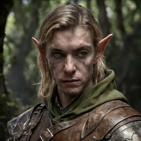 (masterpiece)+, (extremely (realistic)+,a portrait of an extremely ugly young male elf ranger, Wearing leather armor, extremely ...