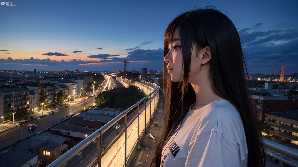 semi-realistic anime，A 20-year-old youth, from the distance to the accident construction site, expression, as if thinking, side map, side map, far view, ultra-wide angle, people in the distance，virtual engine, best quality, 16k, high resolution