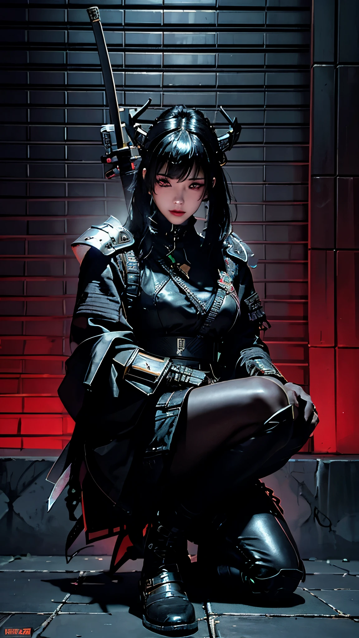 Surreal version of a woman kneeling down on one knee with sword in hand, Sitting on the wall,very beautiful cyberpunk samurai,Sitting on the wall,Futuritic background,  cyberpunk anime art, cyberpunk samurai, cyberpunk city anime art, cyberpunk anime, cgsociety 9, digital cyberpunk anime art, style of maciej kuciara .1girl, samurai armor, devil mask helmet, intricate, detailed ornaments, cold colors, metallic, Egyptian details, details very complex, realistic lighting, trending on social cgs, glowing eyes, facing camera, Brick wall,neon details, surreal details, full body portrait, Japanese atmosphere, lighting global, shadow, octane rendering, 8k, super sharp lolita.((Best quality)), ((masterpiece)), (details:1.4), 3D, image of a female cyberpunk beautiful,HDR (High Dynamic Range),Beam Range,NVIDIA RTX,Ultra High Resolution,Unreal 5,Subsurface Scattering,PBR Textures,Post-processing,Anisotropic Filtering,Depth of Field, Maximum clarity and sharpness, Multi-layer textures, Albedo and Reflection maps, Surface shadows, Accurate simulation of light-material interaction, Perfect scaling, Octane rendering, Two-tone lighting Color, Wide Aperture, Low ISO, White Balance, Rule of Thirds, 8K RAW,