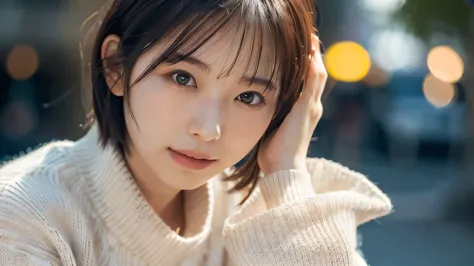 1 girl, (Wear a white summer sweater:1.2), Very beautiful Japanese idol portrait, 
(original photo, best quality), (Practical, P...