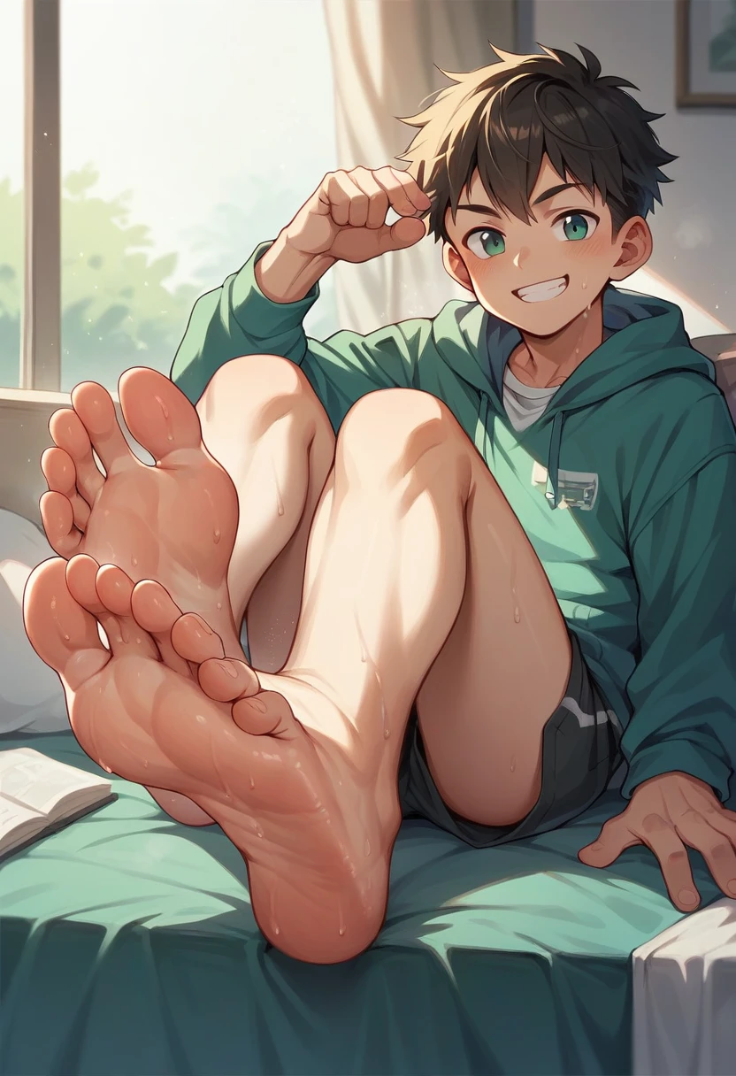 Young men showing sweaty feet 
Smiling 