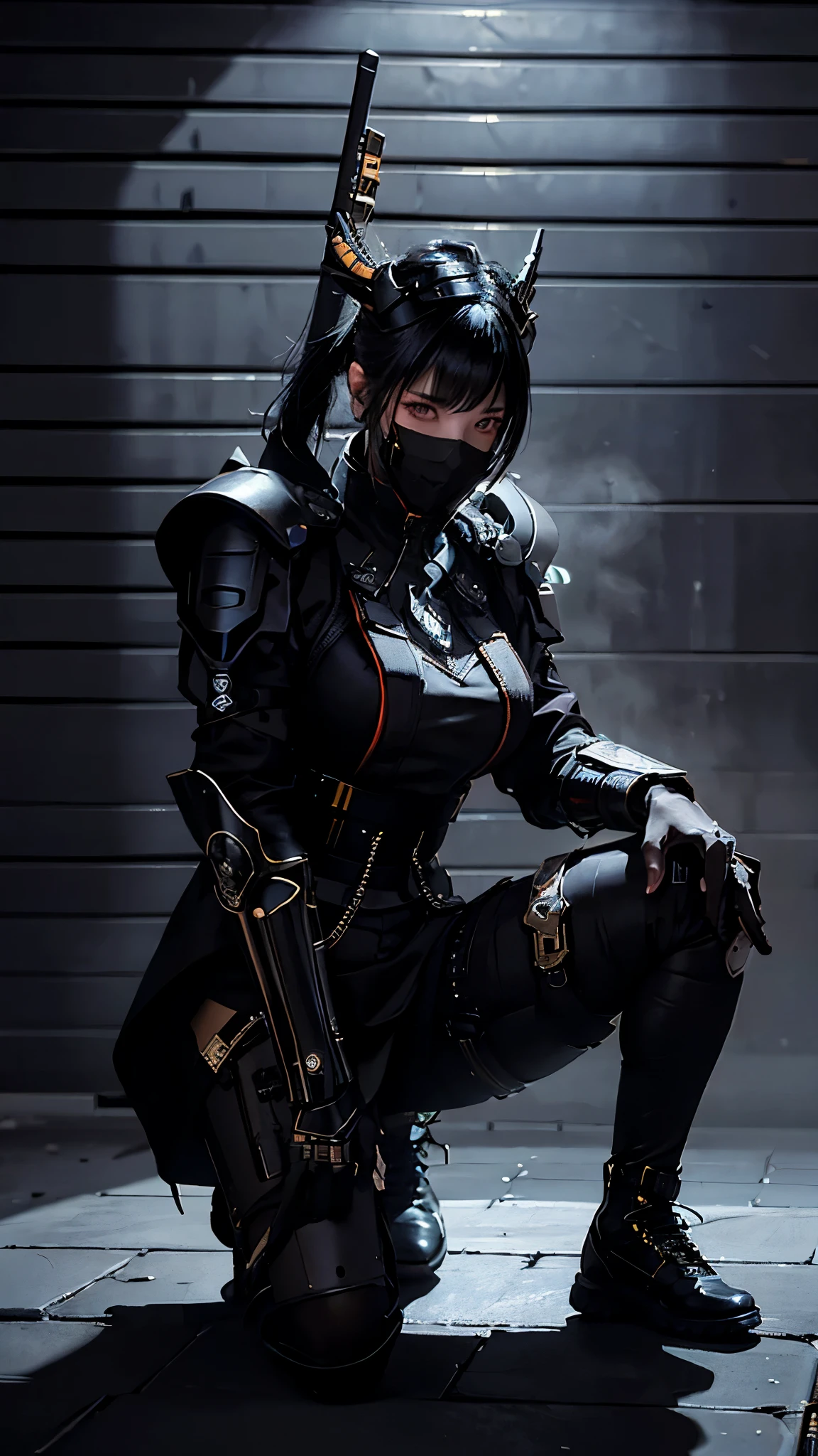 Surreal version of a woman kneeling down on one knee with sword in hand, Sitting on the wall,very beautiful cyberpunk samurai,Sitting on the wall,Futuritic background, Smoke color background, cyberpunk anime art, cyberpunk samurai, cyberpunk city anime art, cyberpunk anime, cgsociety 9, digital cyberpunk anime art, style of maciej kuciara .1girl, samurai armor, devil mask helmet, intricate, detailed ornaments, cold colors, metallic, Egyptian details, details very complex, realistic lighting, trending on social cgs, glowing eyes, facing camera, Brick wall,neon details, surreal details, full body portrait, Japanese atmosphere, lighting global, shadow, octane rendering, 8k, super sharp lolita.((Best quality)), ((masterpiece)), (details:1.4), 3D, image of a female cyberpunk beautiful,HDR (High Dynamic Range),Beam Range,NVIDIA RTX,Ultra High Resolution,Unreal 5,Subsurface Scattering,PBR Textures,Post-processing,Anisotropic Filtering,Depth of Field, Maximum clarity and sharpness, Multi-layer textures, Albedo and Reflection maps, Surface shadows, Accurate simulation of light-material interaction, Perfect scaling, Octane rendering, Two-tone lighting Color, Wide Aperture, Low ISO, White Balance, Rule of Thirds, 8K RAW,