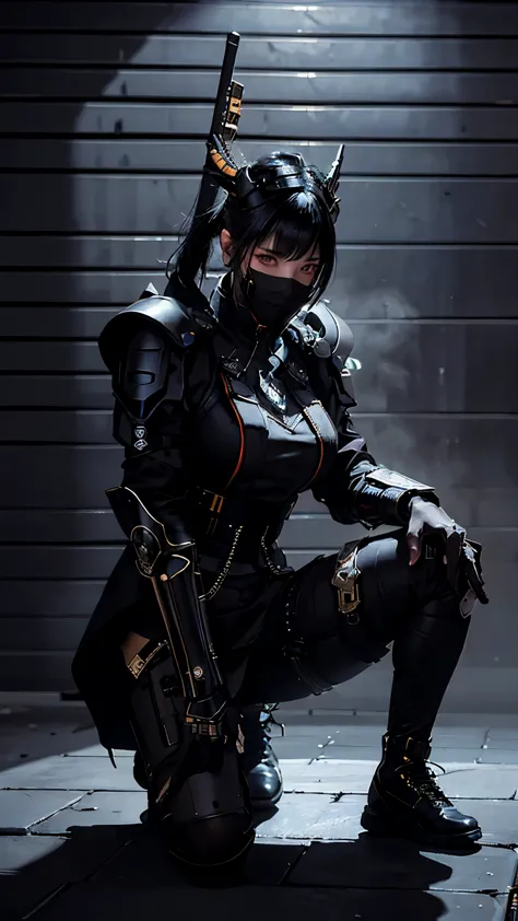 Surreal version of a woman kneeling down on one knee with sword in hand, Sitting on the wall,very beautiful cyberpunk samurai,Si...