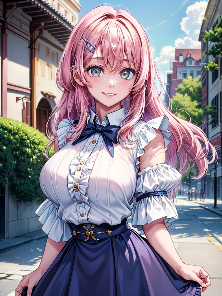 best image quality, (masterpiece:1.2), ultra detailed, exquisite, cowboy shot, high quality, Beautiful art, One Girl, looking at viewers, (leaning forward:1.5), arms behind back,  ((18 years old, Big Breasts, Giant bust:1.2)), fair skin, beautiful skin, Detailed teeth, Light green eye rest, Meticulous Eyelash Details, twinkle(in the eyes), Pastel pink French Braid, thin, smile, Heartily laugh, Fashionable clothes、(white ruffled blouse:1.1)、White collared goss shirt, (dark blue high-waist skirt:1.5), (Short sleeve shirt:1.1), from above, 