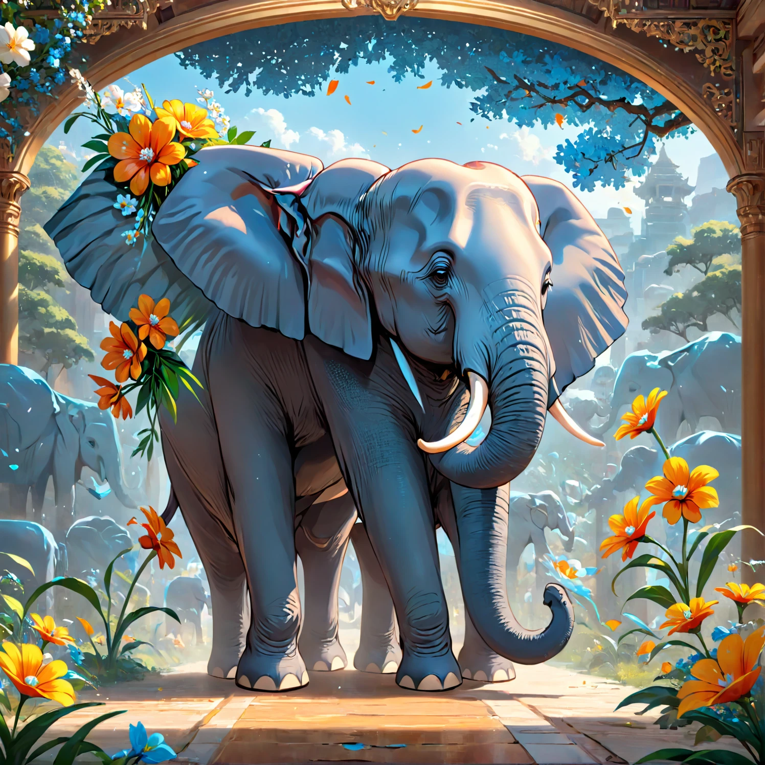 elephant，flower，blue，complex，Gorgeous, Color theme, (best quality, masterpiece, representative work, Official Art, professional, 8K)