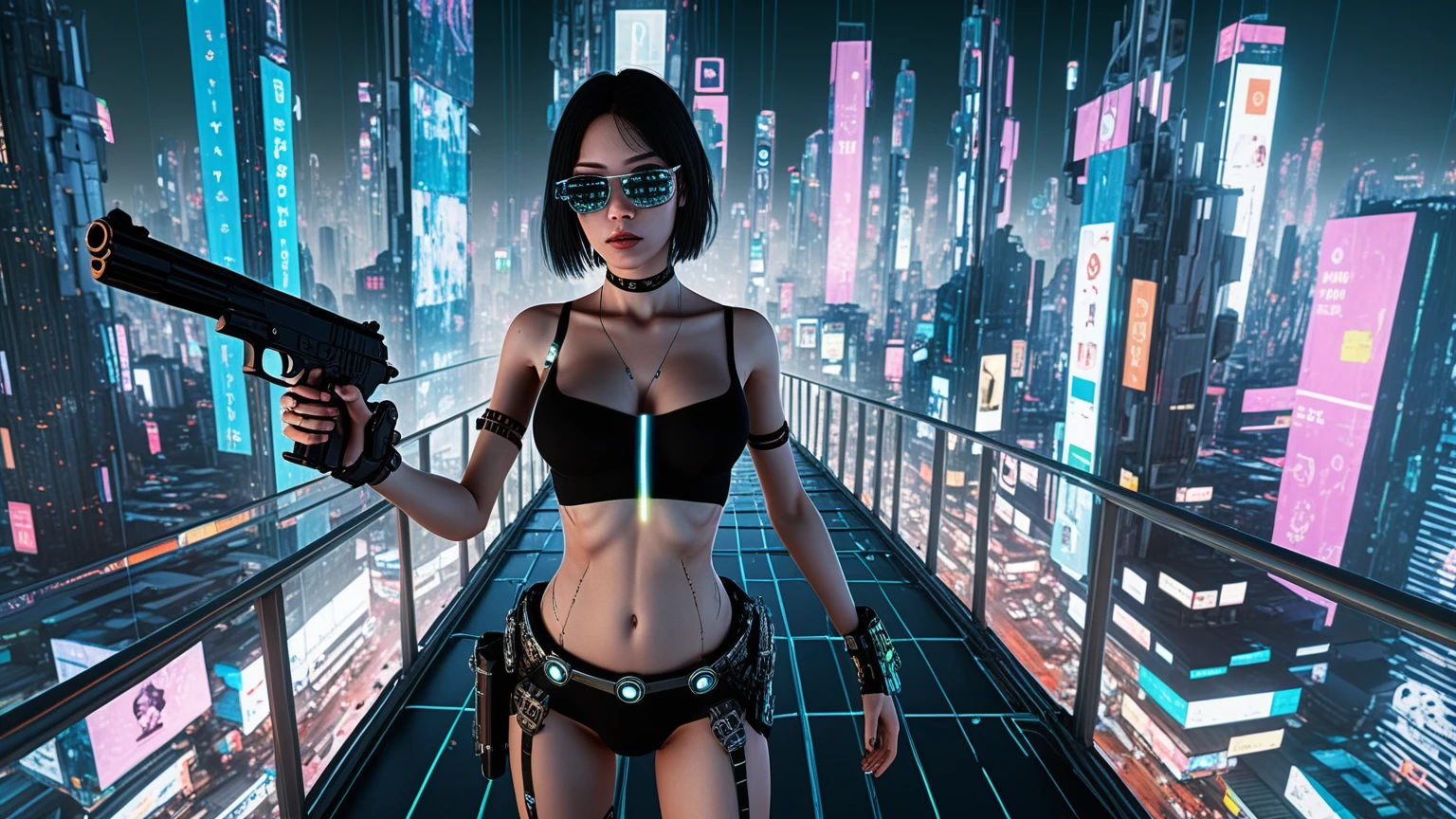 (((มุมมองจากด้านบน))) ของสภาพแวดล้อมในเมือง Cyberpunk ขนาดใหญ่, (((กระจกทั้งหมด))) ตึกระฟ้าขนาดยักษ์, ติดตั้งไฟนีออนและป้ายโฆษณาโฮโลแกรมจำนวนมาก, แห่งอนาคต, องค์ประกอบแบบไฮเทคและเกร้งๆ, 1โดรน, high-resolution OLED GUI interfaces in ที่ building, ที่ (((กลางแจ้ง))) กระจกทั้งหมด string sky bridge is filled with transparent data visualization infographics that show it all, from weaที่r patterns to traffic flow, (((รหัสแบบเรียงซ้อนเมทริกซ์))). In ที่ foreground, หุ่นยนต์หญิง, ข้อต่อกลไกและ LED ตกแต่งใบหน้า, ประดับด้วยลวดลายดิจิทัลหรือแสงนีออน. สไตล์เมทริกซ์, ตอนกลางคืน, (((1สาว, ตามลำพัง))), ภาพถ่ายที่สมจริง, (หน้าอกใหญ่:1.2 ตัวเพรียวบาง, ความแตกแยก), (((ถังบรา, กระโปรงยับเยินขนาดสั้นมาก (((กระโปรงสั้น))) เปิดเผยกางเกงชั้นใน))), (((((แว่นกันแดดสีดำสไตล์เมทริกซ์))))), (((((การเล็งกล้องด้วย (ปืนสั้น), (มองกล้อง)))))), (((((ครึ่งตัว (ระดับต้นขา) ยิงปานกลาง))))), (แสงภาพยนตร์).