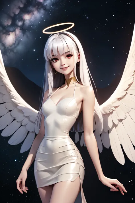 one women, blaugrünes Haar, red eye, smile, Angel wings, golden halo, White dress, stand upright, in space, Milky Way in the bac...