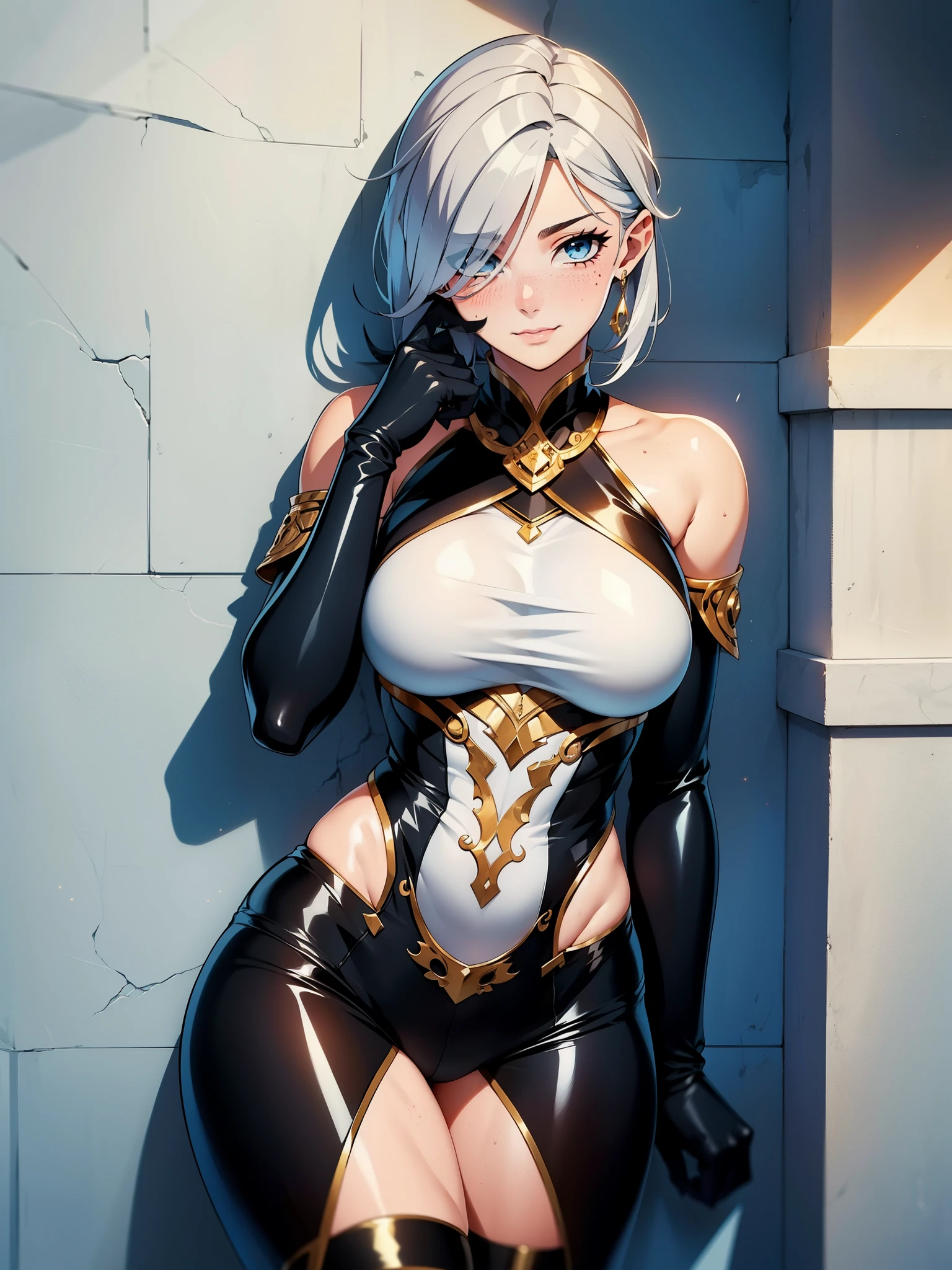 1girl, solo, leaning on white marble wall, sexy face, sexy, cute face, bangs, long hair, look away, shy, nose blush, concept art, freckles, lay light on the wall, passionate, medium breast, fit body, long waist, (thigh gap), wide shoulder, short hair, white hair, hair over one eye, open blue coat, brown gloves, black pants, earrings, seductive, enchanting, (biting lip), erotic