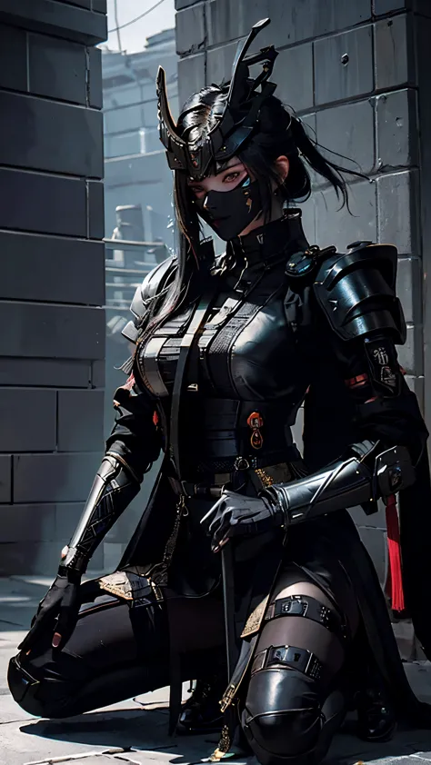 Surreal version of a woman kneeling down on one knee with sword in hand, Sitting on the wall,very beautiful cyberpunk samurai,Si...