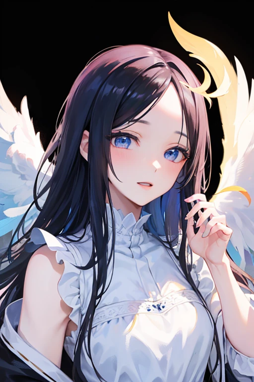 ((forehead)), masterpiece, masterpiece_portrait, distinct, distinct_image, high_resolution, highres, high_quality_anime, high_quality, hyper_detail, finely_detailed,4K, YUJU, GFRIEND , sexy body, ((black hair)), blue eyes, smile, happy, angel, ((white wings)), angel clothes, heaven, ((whole body))