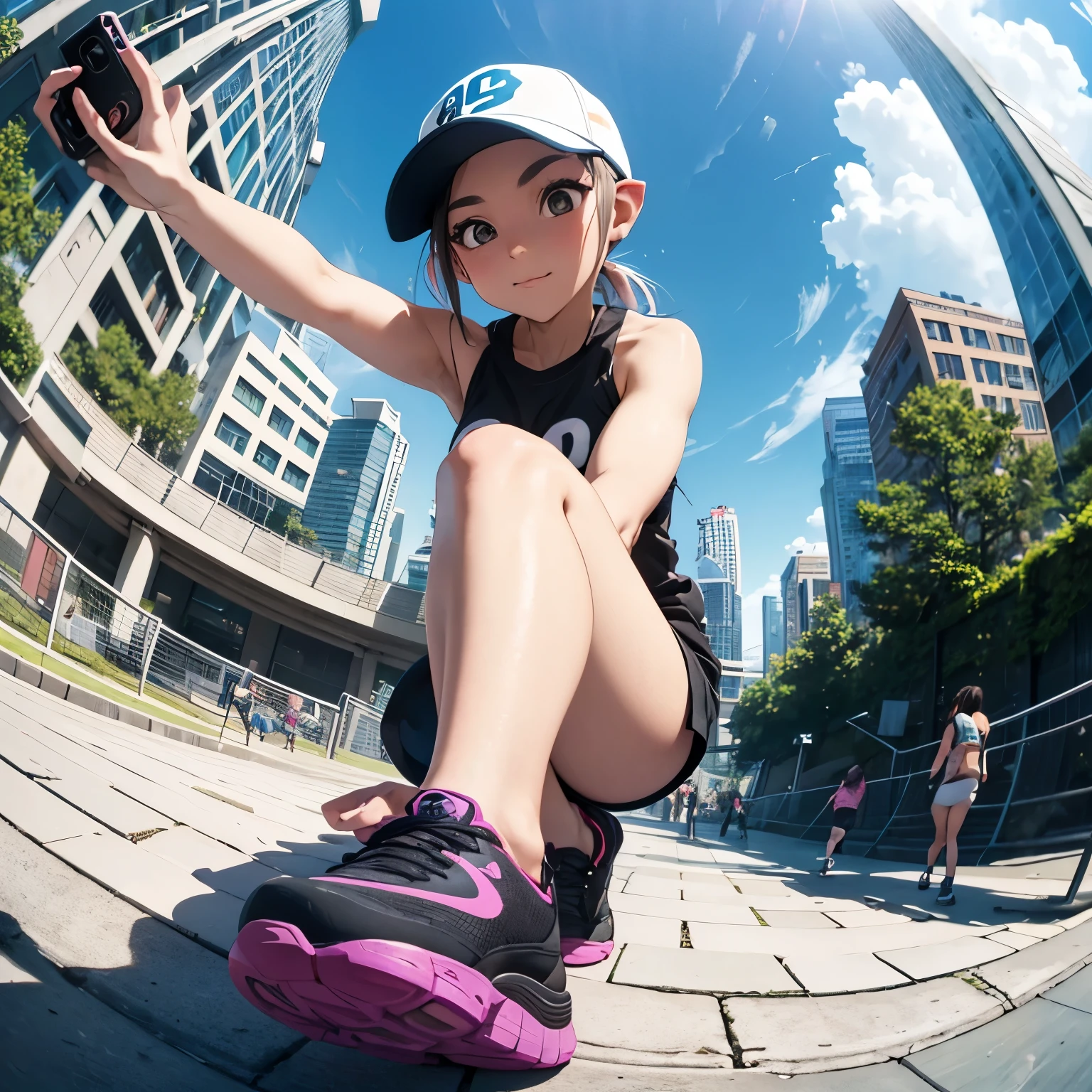 Parkour, Free running, Exhibitionism, One Splatoon girl, Selfie, Fisheye Lens, Look down, on top of the world&#39;s tallest building, , Sweat,  Golden Eyes、Golden tentacle hair、smile、Real Anime、3d、masterpiece、Highest quality、High resolution、