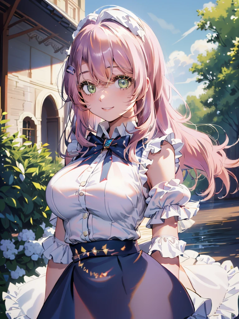 best image quality, (masterpiece:1.2), ultra detailed, exquisite, cowboy shot, high quality, Beautiful art, One Girl, looking at viewers, (leaning forward:1.5), arms behind back,  ((18 years old, Big Breasts, Giant bust:1.2)), fair skin, beautiful skin, Detailed teeth, Light green eye rest, Meticulous Eyelash Details, twinkle(in the eyes), Pastel pink French Braid, thin, smile, Heartily laugh, Fashionable clothes、(white ruffled blouse:1.1)、White collared goss shirt, (dark blue high-waist skirt:1.5), (Short sleeve shirt:1.1), from above, 