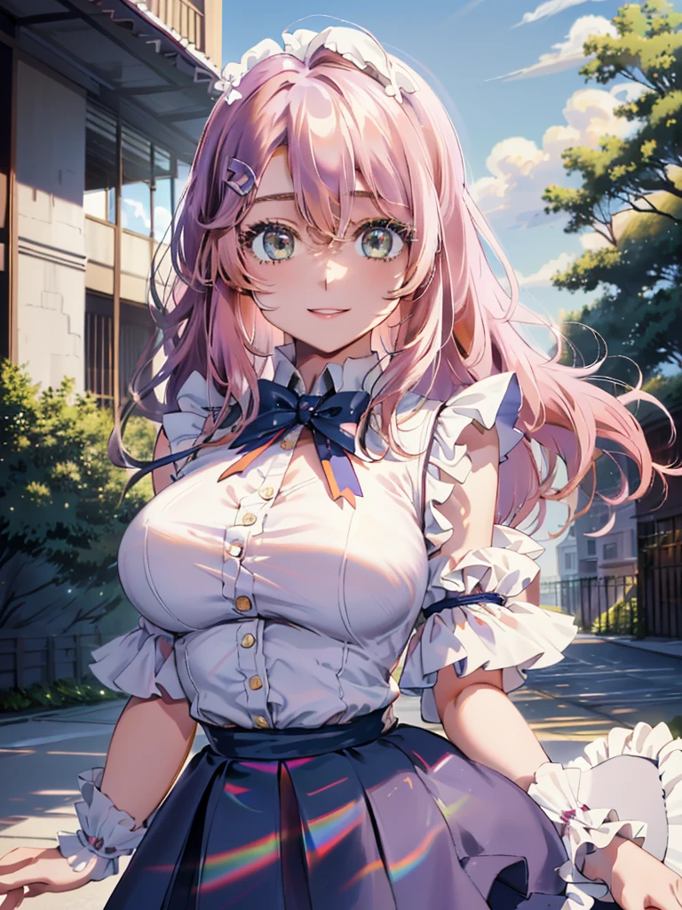 best image quality, (masterpiece:1.2), ultra detailed, exquisite, cowboy shot, high quality, Beautiful art, One Girl, looking at viewers, (leaning forward:1.5), arms behind back,  ((1, Big Breasts, Giant bust:1.2)), fair skin, beautiful skin, Detailed teeth, Light green eye rest, Meticulous Eyelash Details, twinkle(in the eyes), Pastel pink French Braid, thin, smile, Heartily laugh, Fashionable clothes、(white ruffled blouse:1.1)、White collared goss shirt, (dark blue high-waist skirt:1.5), (Short sleeve shirt:1.1), from above, 