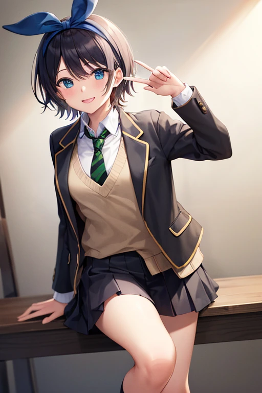 masterpiece, best quality, highres, 1girl, solo, skirt, jacket, shirt, blue eyes, white shirt, necktie, green necktie, black hair, pleated skirt, socks, diagonal-striped necktie, open jacket, open clothes, striped necktie, collared shirt, black jacket, black skirt, striped, blazer, short hair, long sleeves, bangs, , black socks, diagonal stripes, hairband, hair ribbon, ribbon, blue hairband, dress shirt, bow,  cowboy shot, smile,