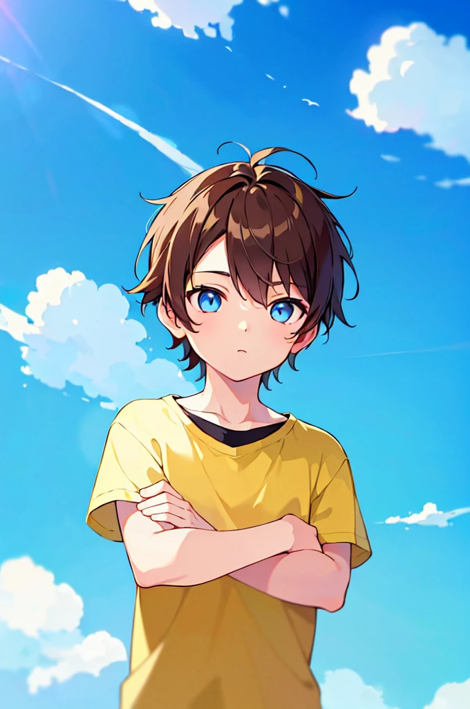 [(BUBBLE BACKGROUND:1.5),::5], (((masterpiece))), high quality, very_high_resolution, large_filesize, full color, Solo, (1 little boy), 13 old year, (men's short brown hair), vivid color, Blue eye, summer clothes, upper body, anime style