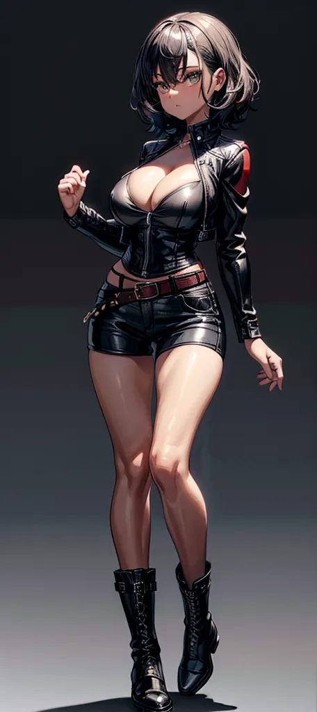 ((full body)), ((black background)), ((Masterpiece)), (detailed), perfect face, short wavy hair, athletic, black boots, red leat...