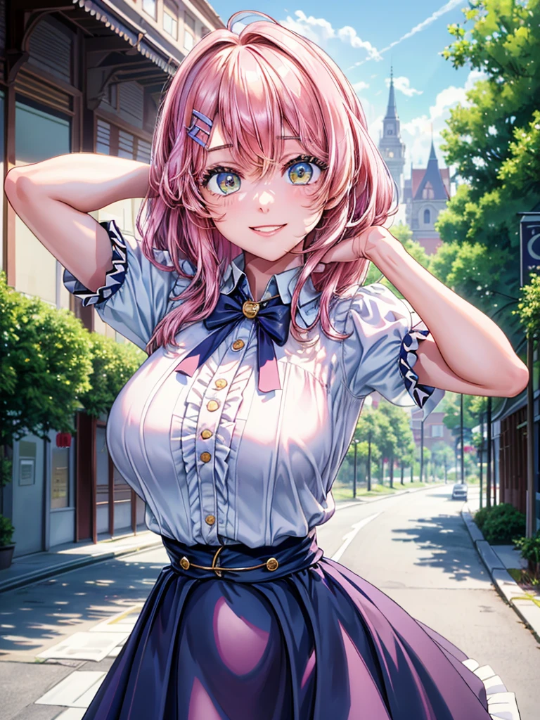 best image quality, (masterpiece:1.2), ultra detailed, exquisite, cowboy shot, high quality, Beautiful art, One Girl, looking at viewers, (leaning forward:1.5), arms behind back,  ((18 years old, Big Breasts, Giant bust:1.2)), fair skin, beautiful skin, Detailed teeth, Light green eye rest, Meticulous Eyelash Details, twinkle(in the eyes), Pastel pink French Braid, thin, smile, Heartily laugh, Fashionable clothes、(white ruffled blouse:1.1)、White collared shirt, (dark blue high-waist skirt:1.5), (Short sleeve shirt:1.1), from above,  in a town