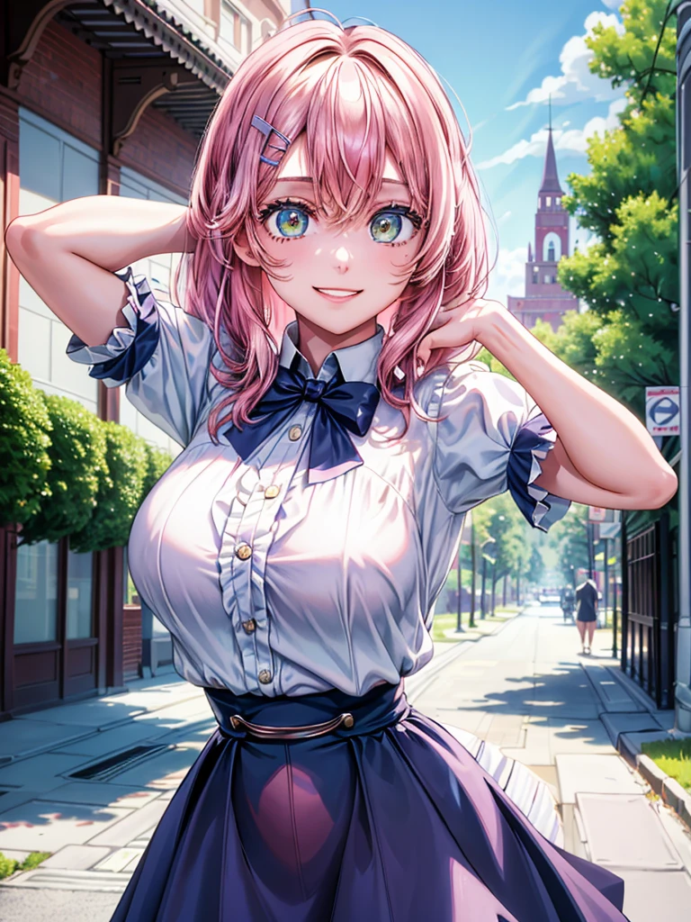 best image quality, (masterpiece:1.2), ultra detailed, exquisite, cowboy shot, high quality, Beautiful art, One Girl, looking at viewers, (leaning forward:1.5), arms behind back,  ((1, Big Breasts, Giant bust:1.2)), fair skin, beautiful skin, Detailed teeth, Light green eye rest, Meticulous Eyelash Details, twinkle(in the eyes), Pastel pink French Braid, thin, smile, Heartily laugh, Fashionable clothes、(white ruffled blouse:1.1)、White collared shirt, (dark blue high-waist skirt:1.5), (Short sleeve shirt:1.1), from above,  in a town