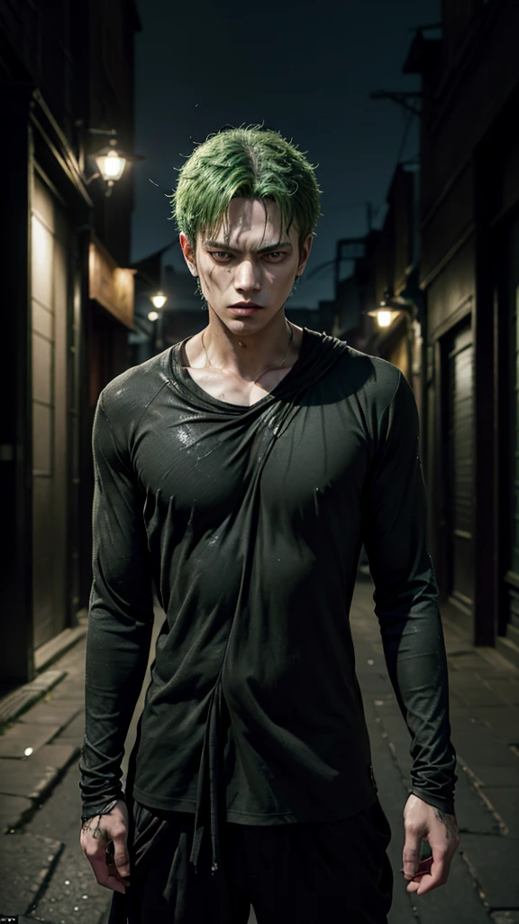 1 handsome boy, Roronoa zoro, annoyed look, (one eye closed), scar on eye, hair green. standing alone, whole body, ((((work of art))), ((best qualityer)), (extremely detaild), dark intense shadows, lighting, hdr, good composition, dynamic pose, eyes black, modern and stylish dark clothes, nblurry background, city street at night