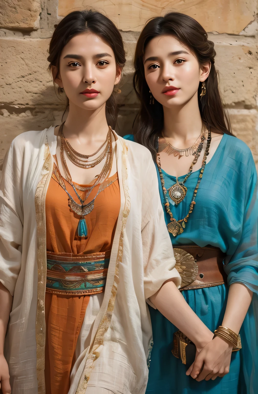 The proportions are the same for all races, All faces and pictures must be different, High quality, Ultra-realistic, Close-up portrait of two beautiful women in ancient Mesopotamia,leering:1.4,Dynamic pose, Ancient Mesopotamian civilization, Babylonia, Uruk, Tunic in various lengths, Linen clothing, Onyx necklace,Translucent Paisley costume, Kaunax, Bronze vessels, a little bit smile, High adobe walls, Luminism, a 3D render, rendering by octane, Cinematic, isometry, Awesome full color, 8K Ultra HD, author：Snow barn, high detal,