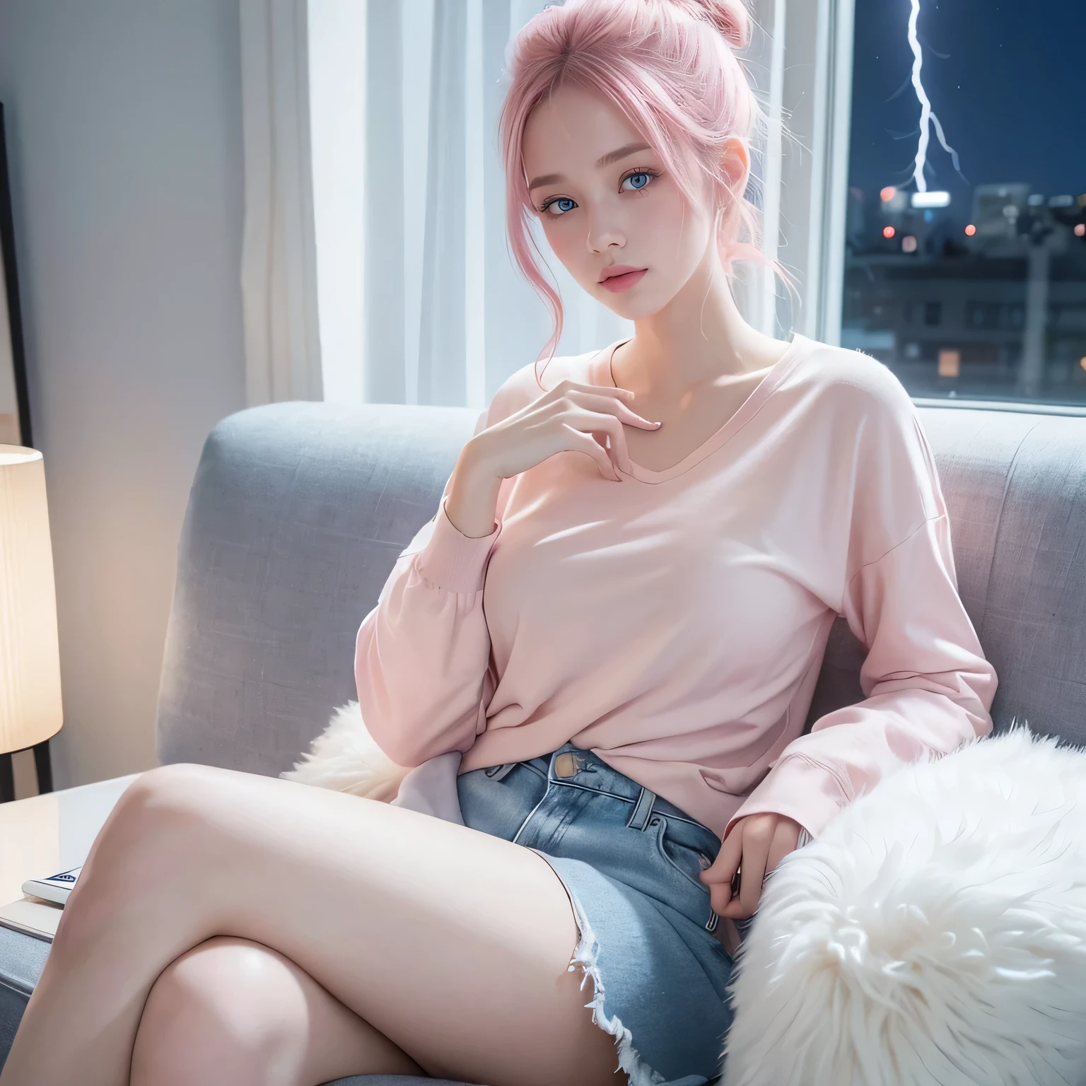 one girl,  beautiful fashion model woman, 22 year old, soft pink hair in a loose bun, blue sparkly serene eyes, rosy lips and cheeks, pale skin, wearing a pink cotton shirt and blue shorts, sitting over a couch in a dressing room, cute, pretty, attractive confident, wealthy, in anime/manga artstyle, digital artstyle, vivid artstyle, vivid and bright lightning, perfect, attractive, night time. 