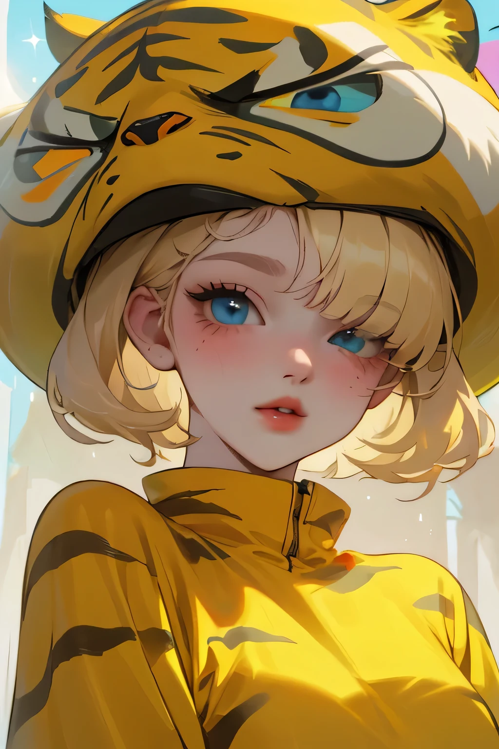 (high quality) (Best Quality) (Una Women) (correct physiognomy) (perfect students) (Perfect eyes) Women, blonde hair with bangs on the forehead, eyes with heterochromia dos orjs, one eye green and the other gold, sensitive lips, female appearance, soft facial features, thin eyebrows, soft skin, rosy cheeks, pink lips, silky eyelashes, dreamy expression, middle age, youth clothing, glitter sweatshirt, tiger print and hat, photo illuminated by sunlight, Women en un campo de girasoles