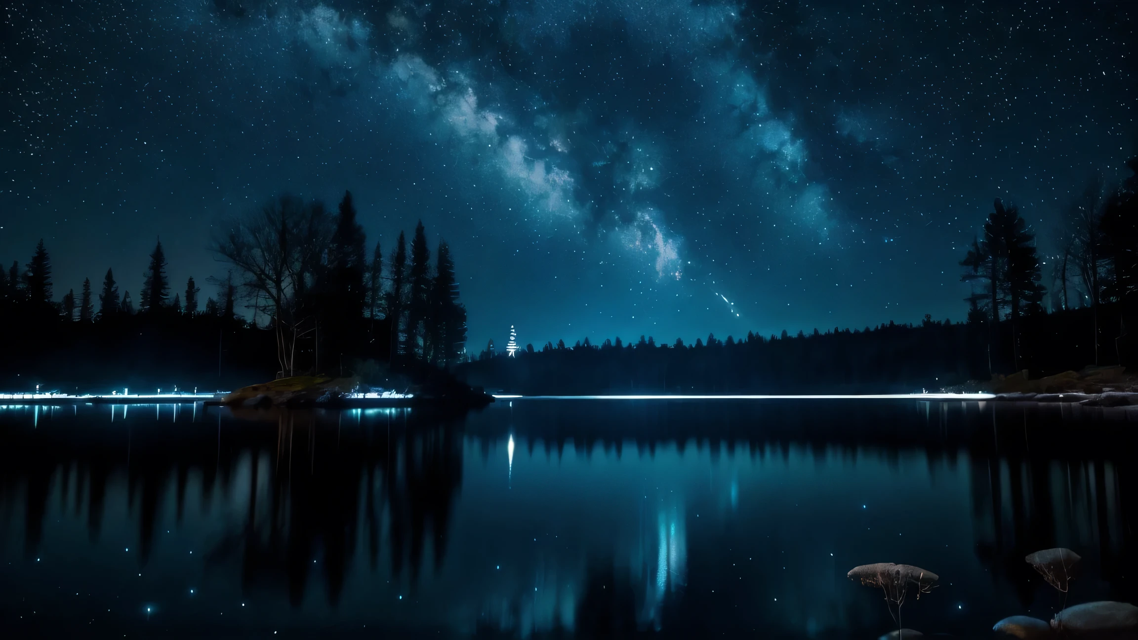 A blue glowing tree made of light in the center, shimmering with silver stars on the water surface. The background is dark and starry sky, with a blue faint glow on top of it. Add small circle lights floating around. In an animated style, the leaves sparkle like diamonds, creating a mysterious atmosphere. The scene conveys dreamy and tranquility, and harmony, giving people feelings of calmness and magical beauty. Deep focus, high contrast, wide shot, hyper realistic photography