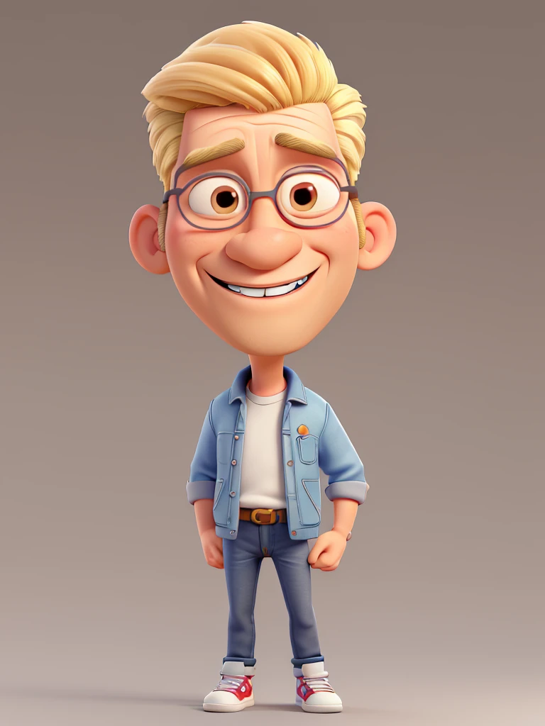 Create a 3D cartoon style caricature. full body with a big head image of a 50 year old Indonesian man, crested hair, thin face, straight thick eyebrows, smiling mouth, very long realistic chin beard, bright colors trending on artstation, solid color background wall, wearing a black jacket, jeans, white sneakers, beautiful 3D rendering, cute pixar, inspired by Du Qiong, blond haired boy, andrew dickson, realistic, 3D, cartoon style, well shaded, smooth, Pixar, Lexica Aperture v.3.5