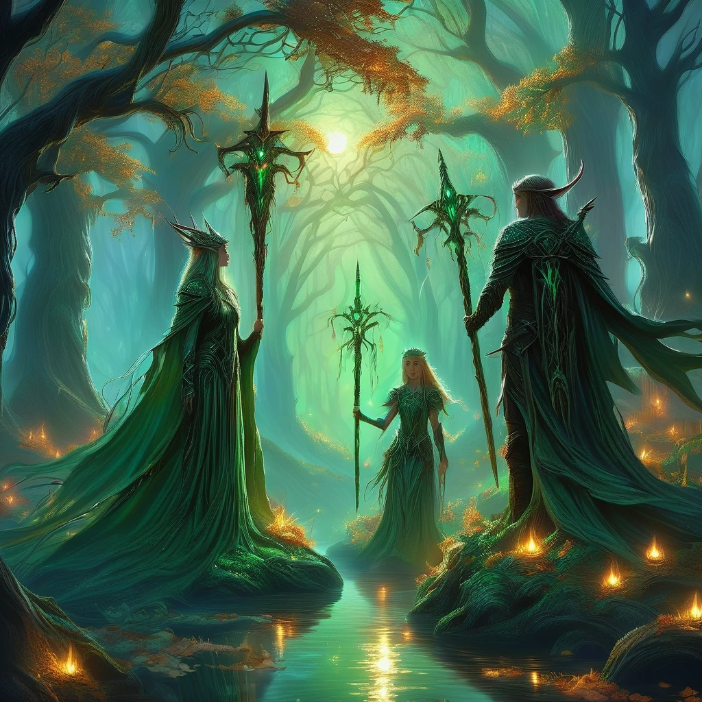 Under the ancient canopy of the Whispering Woods, two elven siblings stand as the eternal guardians of their mystical realm. The boy, with his short, tousled hair the color of autumn leaves, and the girl, with her long, flowing tresses reminiscent of moonlight on water, embody the ethereal beauty and strength of the elven race.

Clad in intricately crafted leather armor adorned with symbols of the forest, they move silently through the twilight shadows, their keen eyes ever watchful for intruders. The boy carries a finely carved bow, its string taut with readiness, while the girl wields a slender, gleaming dagger, the blade humming with ancient enchantments.

The forest around them is alive with the murmurs of hidden creatures and the rustling of unseen entities. Gnarled roots twist like serpents beneath the mossy ground, and the air is thick with the scent of damp earth and wildflowers. In the distance, the glow of bioluminescent fungi casts an eerie light, illuminating their path.

These siblings are the keepers of the woods, sworn to protect the ancient secrets and sacred groves from the encroaching darkness. As night falls and the forest whispers tales of forgotten magic and lurking dangers, they stand resolute, ready to defend their home against any who dare to threaten its sanctity.

In this medieval dark fantasy, the bond between the elven brother and sister is as unyielding as the ancient trees they guard, their destiny intertwined with the very soul of the forest they cherish."

