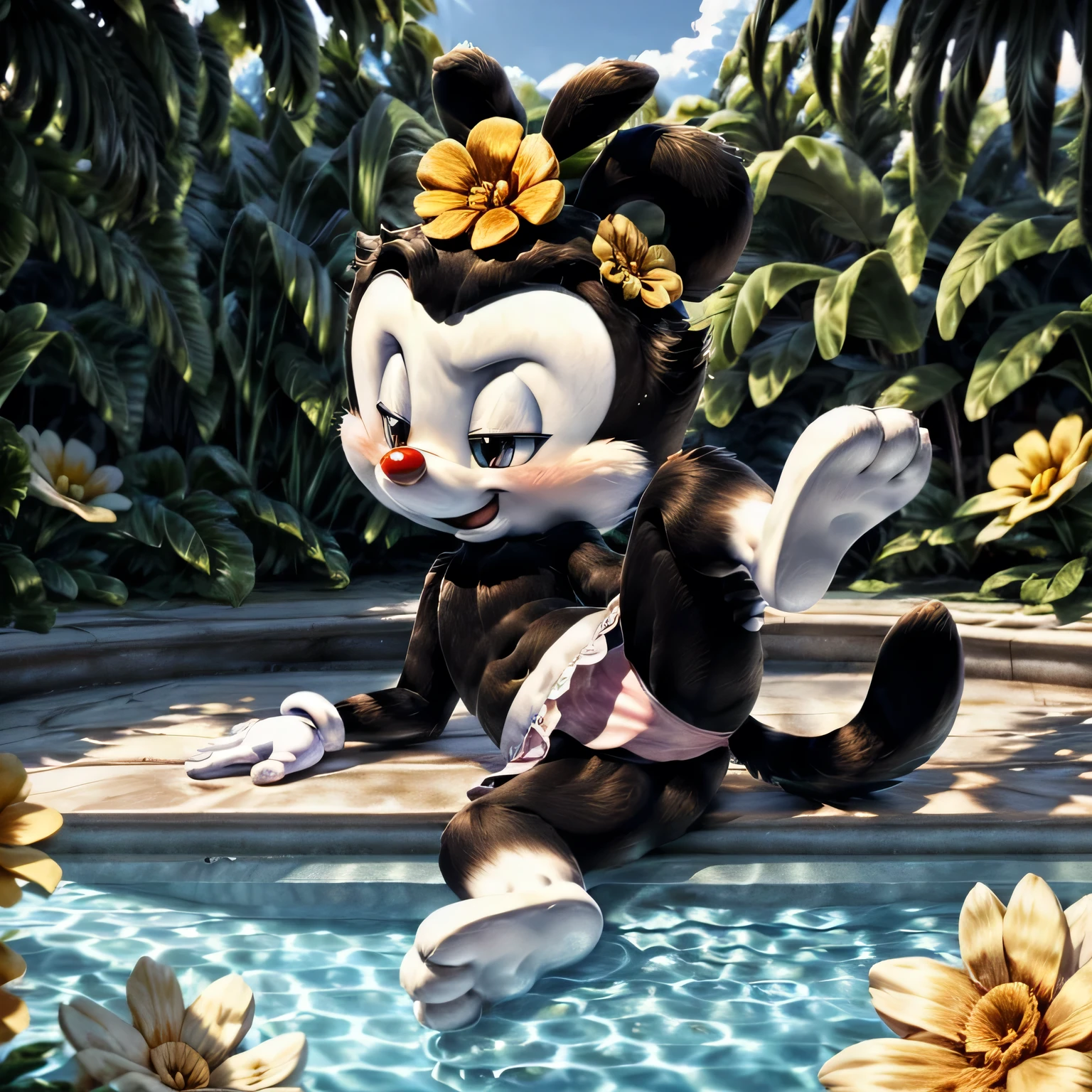 solo, cub, , dwarf, dotw, girl, flat chest, black body, black head, white cheeks, white legs, black ears, squinting, mouth closed, black tail, white eyelids, black eyes, Red nose, white gloves, yellow flower on head, pink panties, lying on her side, on the glass, raised her leg, masterpiece, detailed, detailed background, 8k, 4k, detailed shaders
[best quality, shaded, extreme detail, highly detailed, ultradetailed, intricate, realistic], perfect hands, good, quality, Hand lifts up thigh