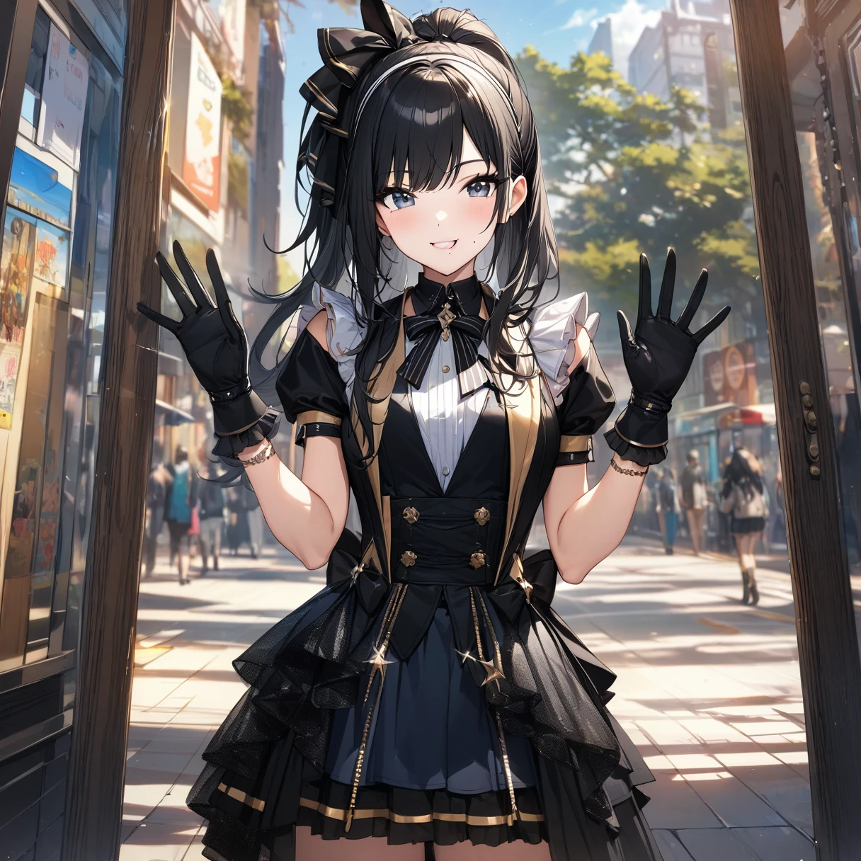 (masterpiece),(Highest quality),(Super detailed),(Best illustrations),(Best Shadow),(Absurd),(Detailed Background),(so beautiful),  Hiori said, Black Hair, ponytail, smile, One girl, Long Hair, hair band, ponytail, gloves, bangs, Idol, View your viewers, from the front, Mole under the mouth, 