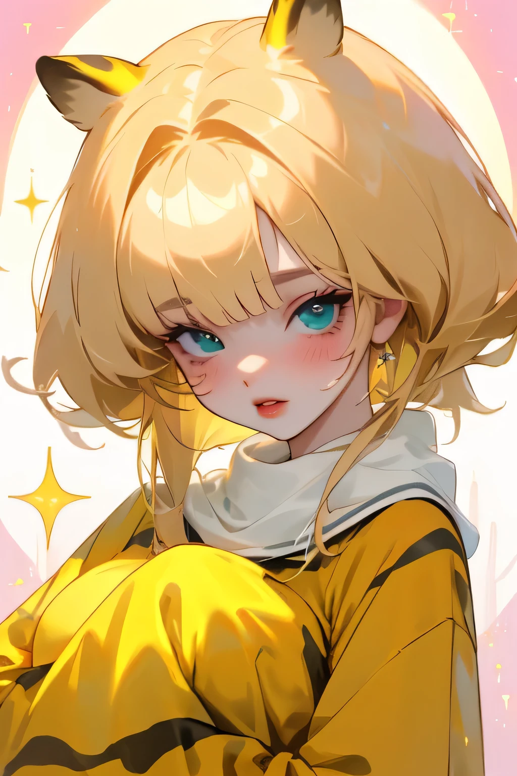 (high quality) (Best Quality) (Una Women) (correct physiognomy) (perfect students) (Perfect eyes) Women, blonde hair with bangs on the forehead, TWO cat ears growing out of his head, eyes with heterochromia dos ojos, one eye green and the other gold, sensitive lips, female appearance, soft facial features, thin eyebrows, soft skin, rosy cheeks, pink lips, silky eyelashes, dreamy expression, middle age, youth clothing, glitter sweatshirt, tiger print, photo illuminated by sunlight, Women en un campo de girasoles