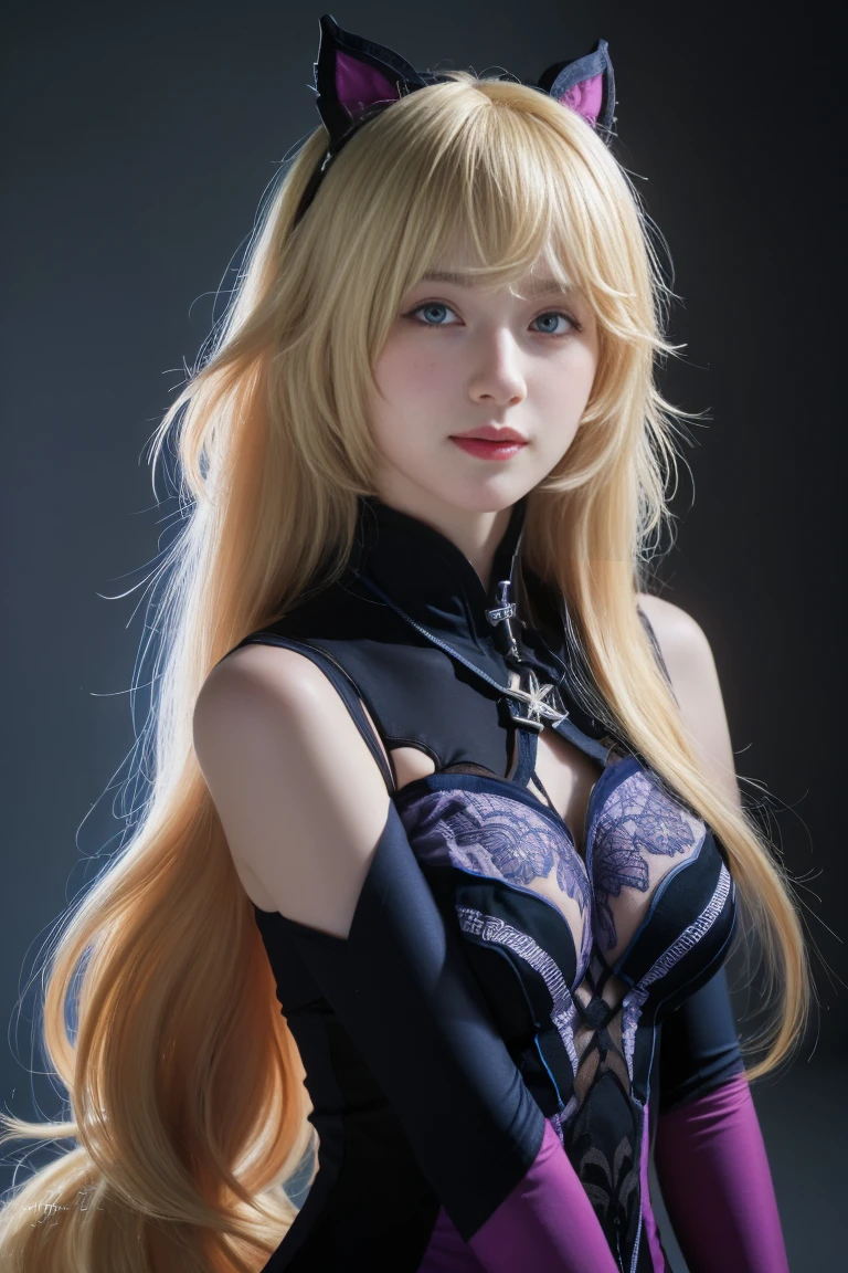 best quality, tmasterpiece,Ultra-high resolution,Clear face,（Reality：1.4），ferpect lighting，(upper body photo), (photorealistic:1.50), anime wallpaper, Guviz style artwork, cover-up fantasy up to magic , by Yang J, Guviz, beautiful artwork illustration, beautiful digital artwork, beautiful digital illustration, Li Song, beautiful anime portrait, art style in Beauvot, 1girl, 独奏, long hair, (blonde hair:1.5), (twiuntails:1.3), bangs, blue eyes, Blush, smile, (purple bodysuit), standing,