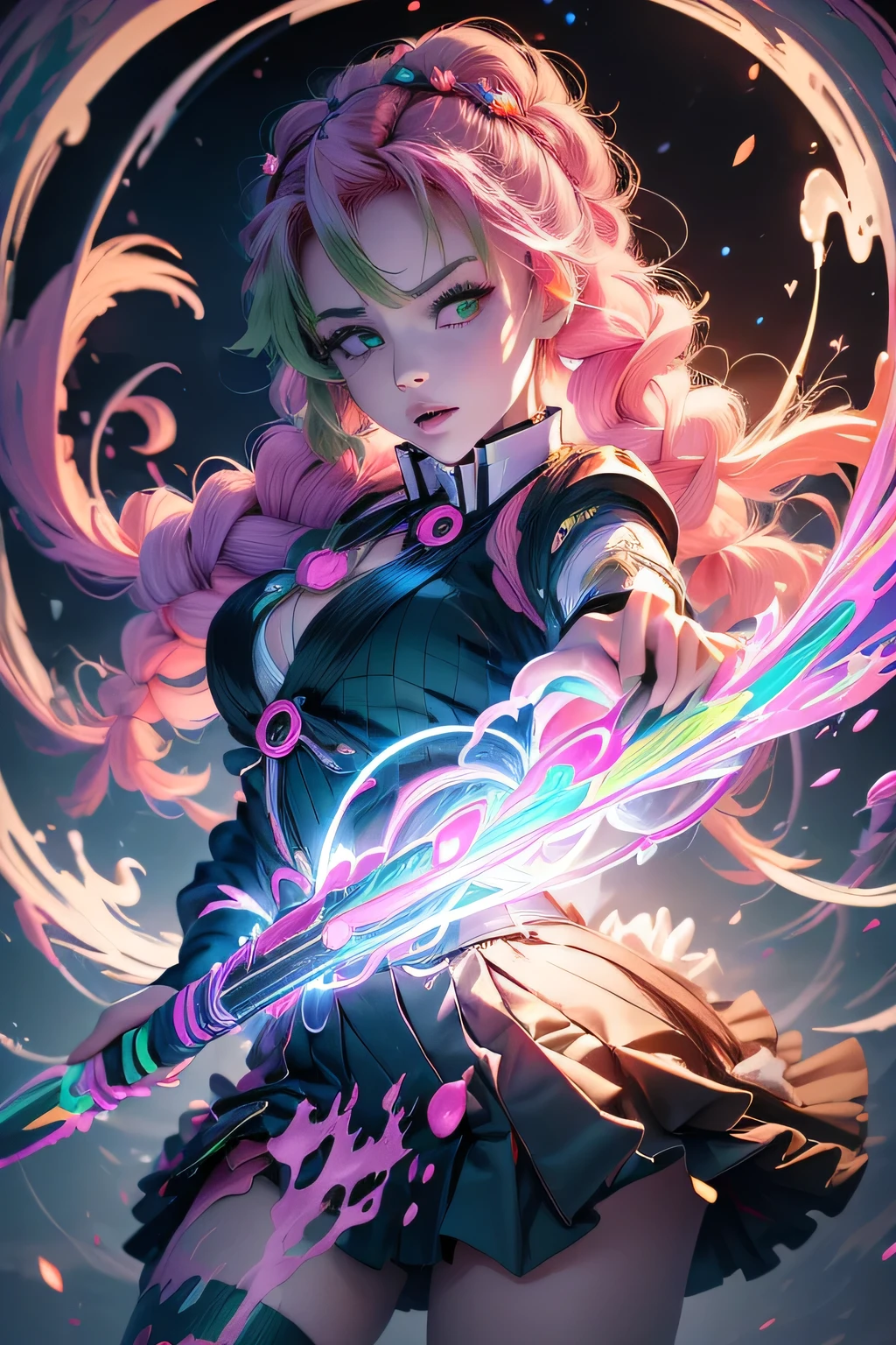 アニメ, Demon slayer, Kanroji Mitsuri, Pink hair with green tips, Bright green eyes, black clothes that show the chest, Black Skirt, wear white cloth, night, An illustration with lots of colorful neon hearts on the background, parallel, pink, Whip-like sword, (((masterpiece:1.4))), (highest quality:1.4), (Ultra-high resolution:1.4), (highest quality:1.2), (Super detailed:1.3), Realistic:1.1