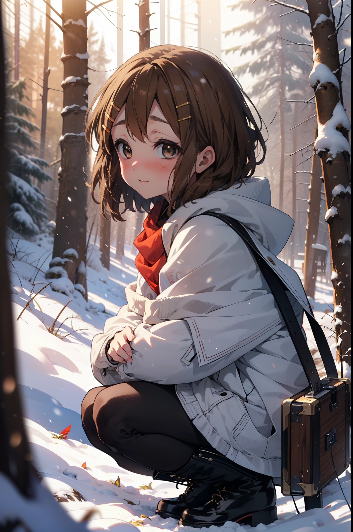 yuihirasawa, Yui Hirasawa, short hair, Brown Hair, hair ornaments, (Brown eyes:1.5), Hair Clip、smile,smile,blush,White Breath,
Open your mouth,snow,Ground bonfire,, Outdoor, boots, snowing, From the side, wood, suitcase, Cape, Blurred, , forest, White handbag, nature,  Squat, Mouth closed, Cape, winter, Written boundary depth, Black shoes, red Cape break looking at viewer, Upper Body, whole body, break Outdoor, forest, nature, break (masterpiece:1.2), Highest quality, High resolution, unity 8k wallpaper, (shape:0.8), (Beautiful and beautiful eyes:1.6), Highly detailed face, Perfect lighting, Extremely detailed CG, (Perfect hands, Perfect Anatomy),