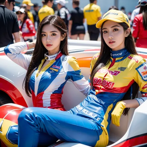 super detailed photos、detailed face、cool woman、colorful costumes、f1 driver cosplay、colorful costumes、clothing with company logo、...