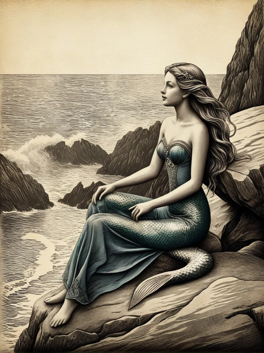 A beautiful mermaid sitting on a rock by the sea, woodcut illustration style, intricate details, highly detailed facial features, long flowing hair, dramatic lighting, moody and atmospheric, muted color palette, dramatic shadows, textured paper background