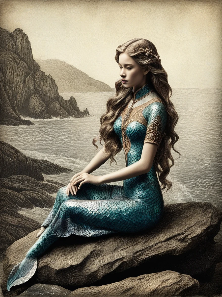 A beautiful mermaid sitting on a rock by the sea, woodcut illustration style, intricate details, highly detailed facial features, long flowing hair, dramatic lighting, moody and atmospheric, muted color palette, dramatic shadows, textured paper background