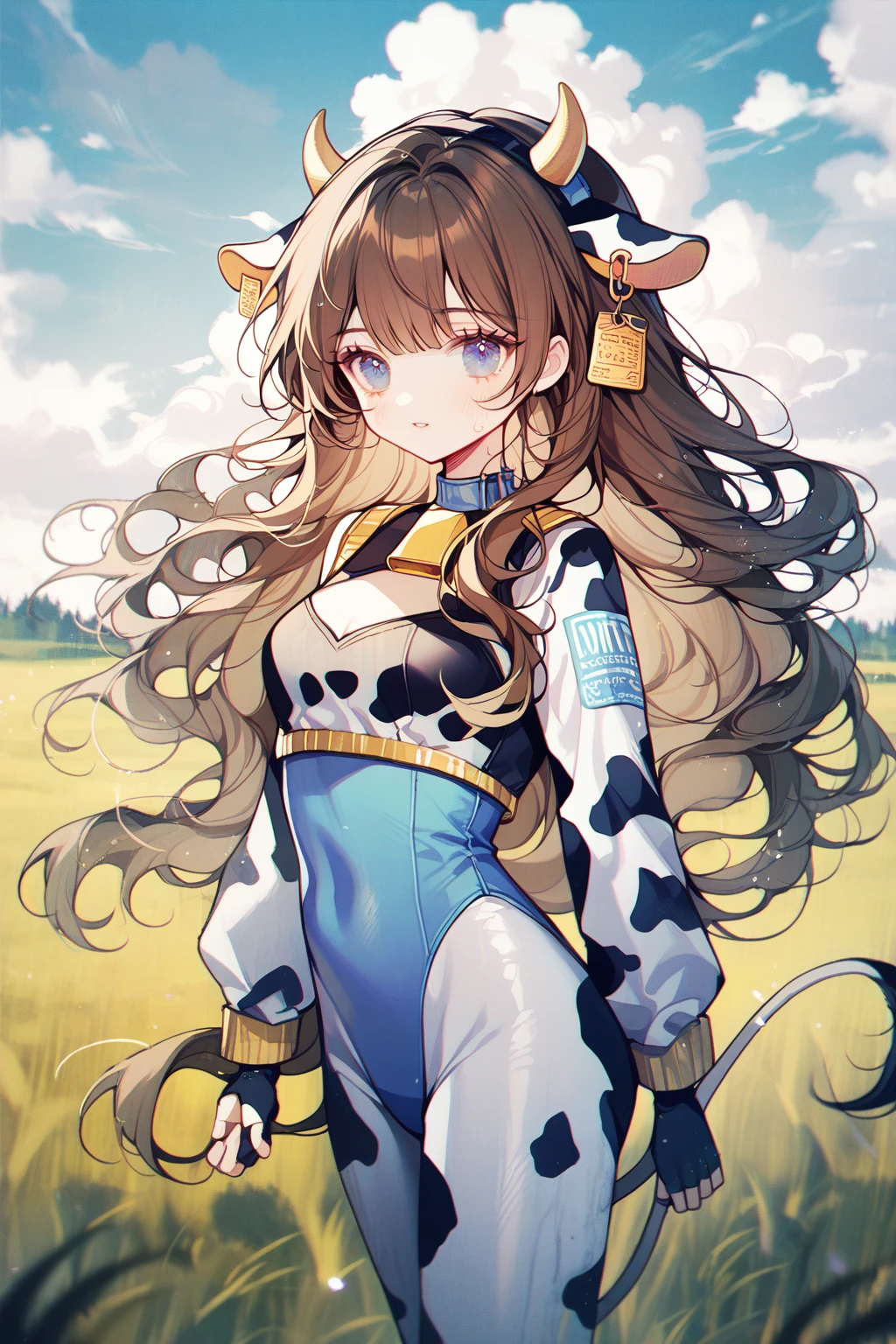 by ttosom, 1 girl, CuteStyle, blue eyes, brown hair, long hair with bangs, flowing hair, dressed in leotard, cow print, cow ears, cow tail, fingerless black gloves, neckline, medium chest, large hips, standing outside in the middle of a field, day, beautiful clouds, sweat on all over the body, specks of dust in the air, looking at the viewer, background color, detailed, beautiful, delicate tone