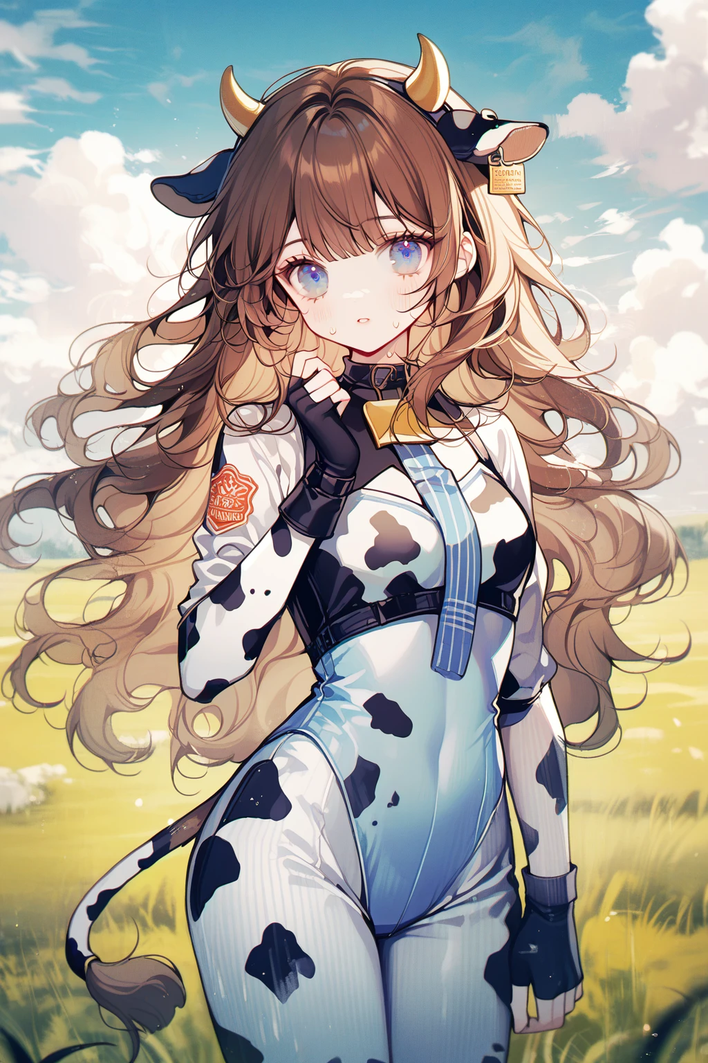 by ttosom, 1 girl, CuteStyle, blue eyes, brown hair, long hair with bangs, flowing hair, dressed in leotard, cow print, cow ears, cow tail, fingerless black gloves, neckline, medium chest, large hips, standing outside in the middle of a field, day, beautiful clouds, sweat on all over the body, specks of dust in the air, looking at the viewer, background color, detailed, beautiful, delicate tone