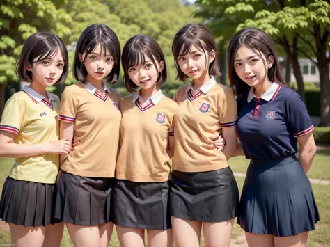 Five young girls standing together in the park, wearing a Japanese school uniform, Japanese , japanese live action movie, Japan ...