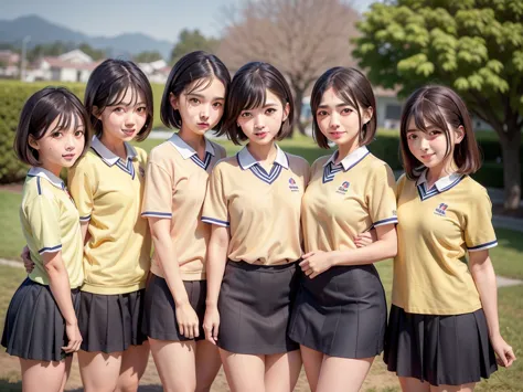 Five young girls standing together in the park, wearing a Japanese school uniform, Japanese , japanese live action movie, Japan ...