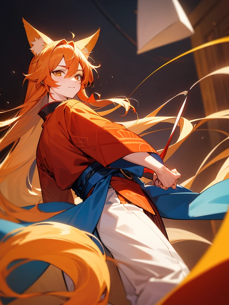 A boy, with long reddish blonde hair, Yellow eyes, he wears a blue and red kimono, he has fox ears and a fox tail. 