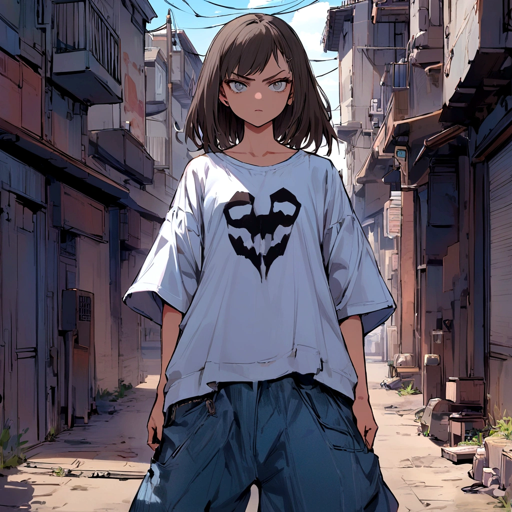 make me a female, 16 years old, short dark brown hair, grey eyes, baggy jeans and oversized shirt, she looks serious, she's pointing a gun at someone